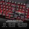 A close-up of a gaming keyboard with red backlighting, showing various keys and function labels. Below the keyboard, there are icons and text explaining features. Produktbild-Vorschau