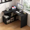 A black L-shaped desk with shelves, a laptop, a monitor, and books. Produktbild-Vorschau
