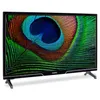 A black flat-screen television with a peacock feather displayed on its screen, resting on its stand. Produktbild-Vorschau