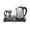 A tea set with a kettle and a teapot on a black induction heating plate, with dimensions indicated by measurement lines and text. Náhled obrázku produktu