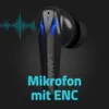 A close-up marketing image of a black wireless earbud with blue accents and text overlays. Produktbild-Vorschau