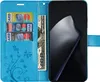 A blue flip wallet case for a smartphone, with credit cards and a banknote inserted. Produktbild-Vorschau
