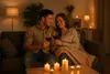 A couple enjoying a romantic evening with wine and candles. Produktbild-Vorschau