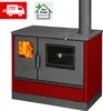 A red and gray wood-burning stove with a glass-fronted oven and a stovetop, shown with a fire burning inside. Produktbild-Vorschau