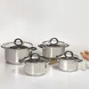 A set of four stainless steel pots with glass lids and black handles are arranged on a white surface. Carrots and garlic are visible in the background. Produktbild-Vorschau
