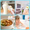 Collage of images showing a thermometer being used to measure temperature on a baby bottle, in a living room, in a bowl of food, and on a baby in a bathtub. Produktbild-Vorschau