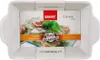 A white ceramic oven dish with a product label showing food. Produktbild-Vorschau