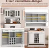 Collage of images showing a white kitchen cabinet with brown countertops, featuring different angles and interior views, with text overlays highlighting adjustable shelves. Podgląd zdjęcia produktu