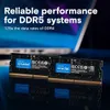 Two DDR5 RAM modules are shown in the foreground, with a blurred laptop in the background. Text overlays highlight the product's features. Náhľad obrázku produktu
