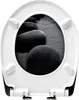 The image shows the underside of a white toilet seat with a black and white image of stepping stones in water printed on the inside of the lid. Produktbild-Vorschau