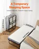 A folding bed is shown in both its folded and unfolded state, with dimensions indicated. The unfolded bed is positioned next to a regular bed. Náhled obrázku produktu