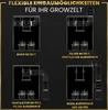 Diagrams illustrating different installation options for a grow tent ventilation system, showing filter and fan placement inside and outside the tent. Produktbild-Vorschau