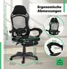 A black ergonomic gaming chair with various dimensions and measurements indicated by green lines and text. Produktbild-Vorschau