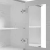 Interior view of a white wooden cabinet with shelves and hinges. Náhled obrázku produktu