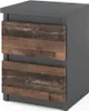 A 3D render of a gray nightstand with two drawers featuring a rustic wood panel design. Voir les images du produit