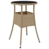A product shot of a round patio table with a black glass top and a woven rattan base, set against a white background.