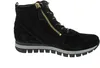 A black suede bootie with a gold zipper and a grey and black sole, shown from the side against a white background. Produktbild-Vorschau