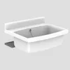 A white sink basin with a raised back splash, mounted on a gray bracket. Produktbild-Vorschau