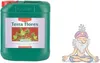 A green plastic container of CANNA Terra Flores fertilizer next to a cartoon illustration of a meditating guru with a plant growing from his head. Produktbild-Vorschau