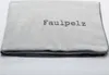 A folded gray blanket with the word 'Faulpelz' embroidered on it, placed on a white background. Produktbild-Vorschau