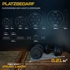 Diagrams and images of dumbbells and weight plates, with text indicating space requirements and dimensions. Produktbild-Vorschau