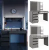A collage of images showing a modern gray vanity table with an LED mirror, presented in different angles and settings. Produktbild-Vorschau