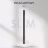 A slim black tablet case is shown vertically against a light background, with text and graphics indicating its features. Produktbild-Vorschau