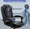 A black ergonomic office chair is shown with a diagram of a human spine highlighting support points. A blue gradient line traces the ergonomic features of the chair. Produktbild-Vorschau