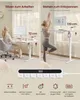 A split image showing a woman working at a standing desk and another woman doing yoga next to a standing desk. Produktbild-Vorschau