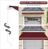 A collage showing a retractable awning being operated and installed above a garage door. Podgląd zdjęcia produktu