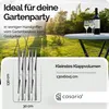 A garden party scene with a table, wine, and glasses, highlighting a folded table's compact size. Produktbild-Vorschau