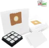 A collection of vacuum cleaner bags and a filter are displayed on a white background. Produktbild-Vorschau
