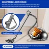 A close-up shot of a vacuum cleaner accessory and a part of a Dyson vacuum cleaner on a wooden floor. Produktbild-Vorschau