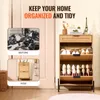 A 'before and after' comparison showing a messy pile of shoes and then a tidy shoe cabinet. Podgląd zdjęcia produktu