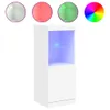 A white cabinet with a glass shelf illuminated by blue LED lights, shown with swatches of different colored lights above. The swatches appear to be samples of available LED color options. Anteprima dell’immagine prodotto