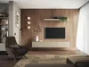 A modern living room with a TV mounted on a wood-paneled wall, a lowboard beneath it, and a comfortable armchair. Náhľad obrázku produktu