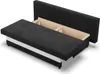 A black and white sofa with its storage compartment open, shown from a slightly elevated angle against a white background. Produktbild-Vorschau