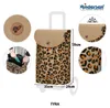 A collage of images showing a leopard print shopping trolley, its details, and a person using it. Produktbild-Vorschau