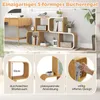 A lifestyle shot of an S-shaped bookshelf with books and decorative items, along with close-up shots highlighting features. Podgląd zdjęcia produktu