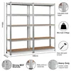 A diagram showing two silver shelving units with brown shelves, with various dimensions and feature callouts. Produktbild-Vorschau