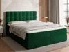 A green upholstered bed with a tufted headboard, set in a bedroom with a window and curtains in the background. Produktbild-Vorschau