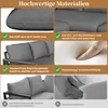 Collage of images showing details and features of a gray sofa set, with text overlays in German. Produktbild-Vorschau