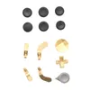 A collection of gamepad replacement parts, including joysticks, paddles, and buttons, arranged on a white background. Produktbild-Vorschau