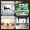 Collage of four different scenes showing projector screens in various settings: a living room, outdoors, a classroom, and a conference room. Produktbild-Vorschau