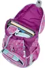 An open pink school backpack with a leaf pattern, showing its contents. Anteprima dell’immagine prodotto