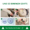 A collage of four images showing steps for using a kitchen appliance, with text overlays and instructions. Produktbild-Vorschau