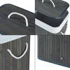 Collage of four close-up images of a dark gray bamboo laundry basket with rope handles and a white fabric liner. Podgląd zdjęcia produktu