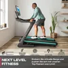 A man is running on a treadmill in a room with a window and shelves in the background. There are marketing graphics at the bottom of the image. Produktbild-Vorschau