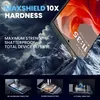 Marketing image showing a phone screen protector with text highlighting its features and durability tests. Produktbild-Vorschau