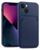 A dark blue iPhone case with a card holder slot is shown next to an iPhone. Produktbild-Vorschau